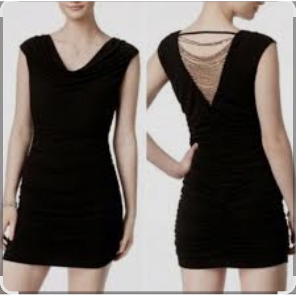 BCX Dress Black Bodycon Ruched Mini Cowl Neck Beaded Chain Back XS